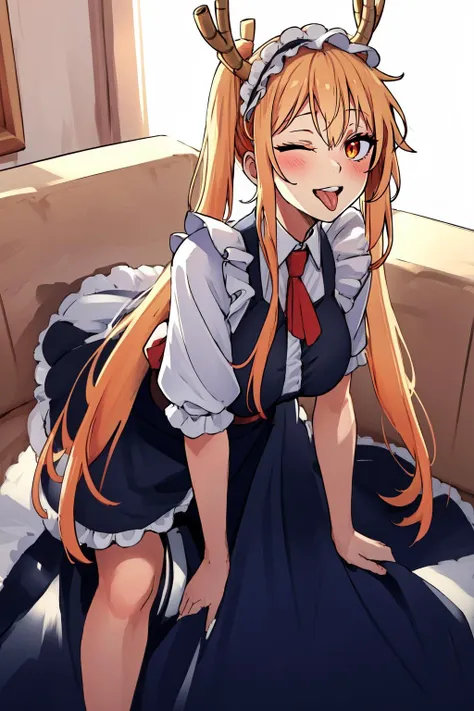 (masterpiece, best quality),  intricate details,
1girl,   <lora:TohruDragonMaid_NDV-10:0.8> TohruDragonMaid_NDV, 1girl, blonde hair, large breasts, long hair, horns, multicolored hair, maid dress, maid hat, slit pupils, orange eyes
<lora:ddw_v1:0.8> (wink:1.1), tongue out,   one eye closed,  <lora:rightwink_v120:0.8> one eye closed, wink leaning forward, downblouse, sweating, boob swaet,