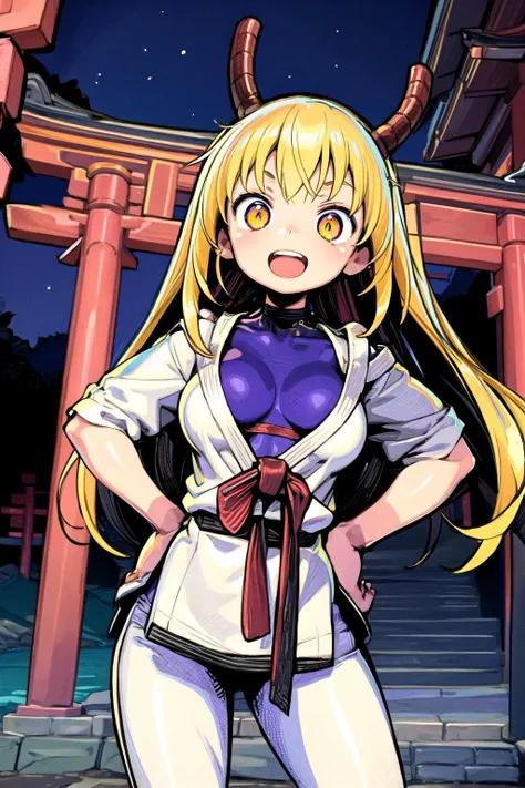 (masterpiece, best quality, detailed), 1girl, solo, looking at viewer, dohna dohna, <lora:TohruDragonMaid_NDV:0.5>, TohruDragonMaid_NDV, blonde hair, large breasts, long hair, horns, multicolored hair, slit pupils, orange eyes, <lora:Dougi2:1>, dougi, outdoors, night, torii, shrine, east asian architecture, hands on hips, open mouth, smile