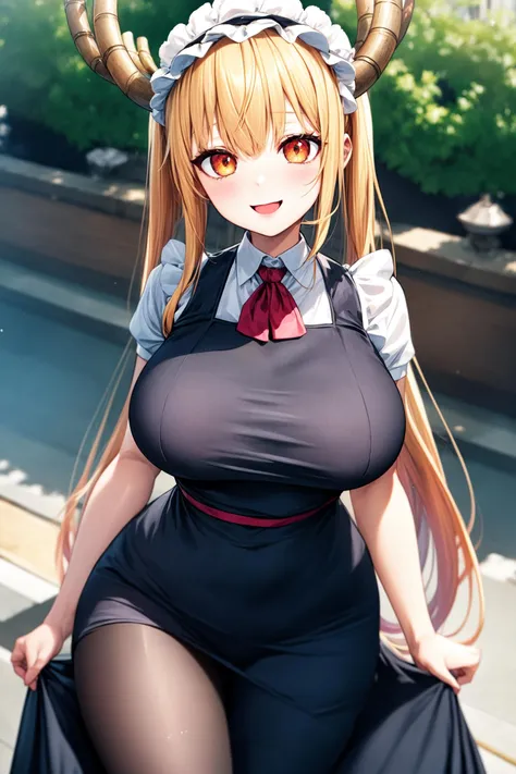 (best quality:1.2), 1girl, (masterpiece:1.2), raytracing, ultra detailed,detailed face, 8k wallpaper, wide hips, <lora:more_details:0.5>, TohruDragonMaid_NDV, 1girl, blonde hair, large breasts, long hair, horns, green tail, wings, multicolored hair, maid suit, maid dress, maid hat, slit pupils, orange eyes,  <lora:TohruDragonMaid_NDV:0.7>, outdoor, smile