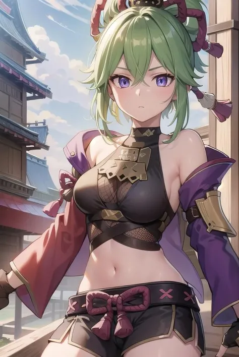 shinobukuki, <lora:shinobukuki-lora-nochekaiser:1>,
shinobu kuki, green hair, hair between eyes, ponytail, short hair, (purple eyes:1.1),
BREAK armor, bare shoulders, black gloves, cropped jacket, fishnet top, fishnets, gloves, gold trim, hair ornament, jacket, leg armor, midriff, off shoulder, partially fingerless gloves, purple jacket, shirt, short shorts, shorts, shoulder armor, sleeveless, sleeveless shirt,
BREAK looking at viewer,
BREAK outdoors,
BREAK <lyco:GoodHands-beta2:1>, (masterpiece:1.2), best quality, high resolution, unity 8k wallpaper, (illustration:0.8), (beautiful detailed eyes:1.6), extremely detailed face, perfect lighting, extremely detailed CG, (perfect hands, perfect anatomy),