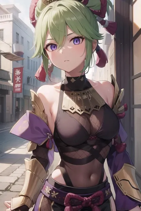 shinobukuki, <lora:shinobukuki-lora-nochekaiser:1>,
shinobu kuki, green hair, hair between eyes, ponytail, short hair, (purple eyes:1.1),
BREAK armor, bare shoulders, black gloves, cropped jacket, fishnet top, fishnets, gloves, gold trim, hair ornament, jacket, leg armor, midriff, off shoulder, partially fingerless gloves, purple jacket, shirt, short shorts, shorts, shoulder armor, sleeveless, sleeveless shirt,
BREAK looking at viewer,
BREAK outdoors,
BREAK <lyco:GoodHands-beta2:1>, (masterpiece:1.2), best quality, high resolution, unity 8k wallpaper, (illustration:0.8), (beautiful detailed eyes:1.6), extremely detailed face, perfect lighting, extremely detailed CG, (perfect hands, perfect anatomy),