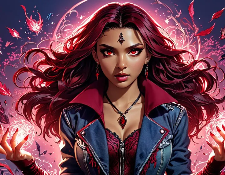 (((masterpiece))) , (((best quality))) , anime style, 2d, well-built charming 1girl, solo, lovely 1girl, ScarletWitch, Painting, stylized, Basic Smart traditional Moorish (glamourous 1girl, solo:1.3) Countess, dressed in Denim jacket, crowded nature, in focus, Dynamic, Goth Art, F/1.8, Maroon neon hue, futuristic, key visual, reflective light, chaos magic, she has Shaved sides hair, key visual,
