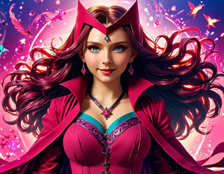(((masterpiece))) , (((best quality))) , anime style, 2d, well-built charming 1girl, solo, lovely 1girl, ScarletWitch, masterpiece, best quality, charming 1girl, solo, hair ornament, contrasting colors Teal and Berry garb tailored by Yeezy, deep pink tunic, smile, cowboy shot, key visual, reflective light, chaos magic, she has Shaved sides hair, key visual, 