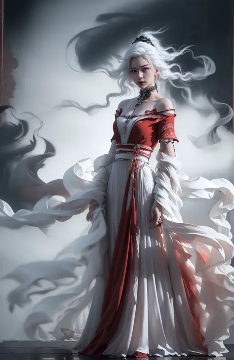 (dramatic, gritty, intense:1.4),masterpiece, best quality, 32Kinsane details, intricate details, hyperdetailed, hyper quality, high detail, ultra detailed, Masterpiece, (full body:1.4),  Red eyes(white hair:1.6)(braid:1.3)exposed collarbone, exposed shoulders
an girl in a red dress is in front of white eyes, Unreal background, smoke and mist, like something coming out. Chinese Taoist ghost legendhorror-inspired, Chinese Horrordollcore, dark violet and light blue, contrast between light and darkphoto-realistic hyperbole, japonism influenced pieces, cryptidcoreJunji Ito, miho hirano, ilya kuvshinov, Yimou Zhang, Thick paintings, oil paintings, ink drawingscinematic textures, top view, extreme close-ups, REALISTIC 3D, ULTRA DETAILED. Blender, C4D, high detail, high resolution,
A shot with tension(sky glows red,Visual impact,giving the poster a dynamic and visually striking appearance:1.2),Chinese Zen style,impactful picture,
<lora:~Q?-~cYs<:0.8>