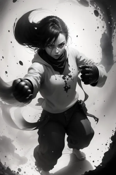 [white background::5], 1girl,  inkwash style, ink splashing, fighting stance, monochrome,greyscale, cowboy shot, cinematic lighting, dramatic shadow,ray tracing, from above, fisheye, <lora:inkwash_style-0218:1>