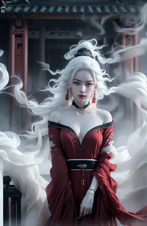(dramatic, gritty, intense:1.4),masterpiece, best quality, 32Kinsane details, intricate details, hyperdetailed, hyper quality, high detail, ultra detailed, Masterpiece, (full body:1.4),  Red eyes(white hair:1.6)(braid:1.3)exposed collarbone, exposed shoulders
an girl in a red dress is in front of white eyes, Unreal background, smoke and mist, like something coming out. Chinese Taoist ghost legendhorror-inspired, Chinese Horrordollcore, dark violet and light blue, contrast between light and darkphoto-realistic hyperbole, japonism influenced pieces, cryptidcoreJunji Ito, miho hirano, ilya kuvshinov, Yimou Zhang, Thick paintings, oil paintings, ink drawingscinematic textures, top view, extreme close-ups, REALISTIC 3D, ULTRA DETAILED. Blender, C4D, high detail, high resolution,
A shot with tension(sky glows red,Visual impact,giving the poster a dynamic and visually striking appearance:1.2),Chinese Zen style,impactful picture,
<lora:~Q?-~cYs<:0.8>