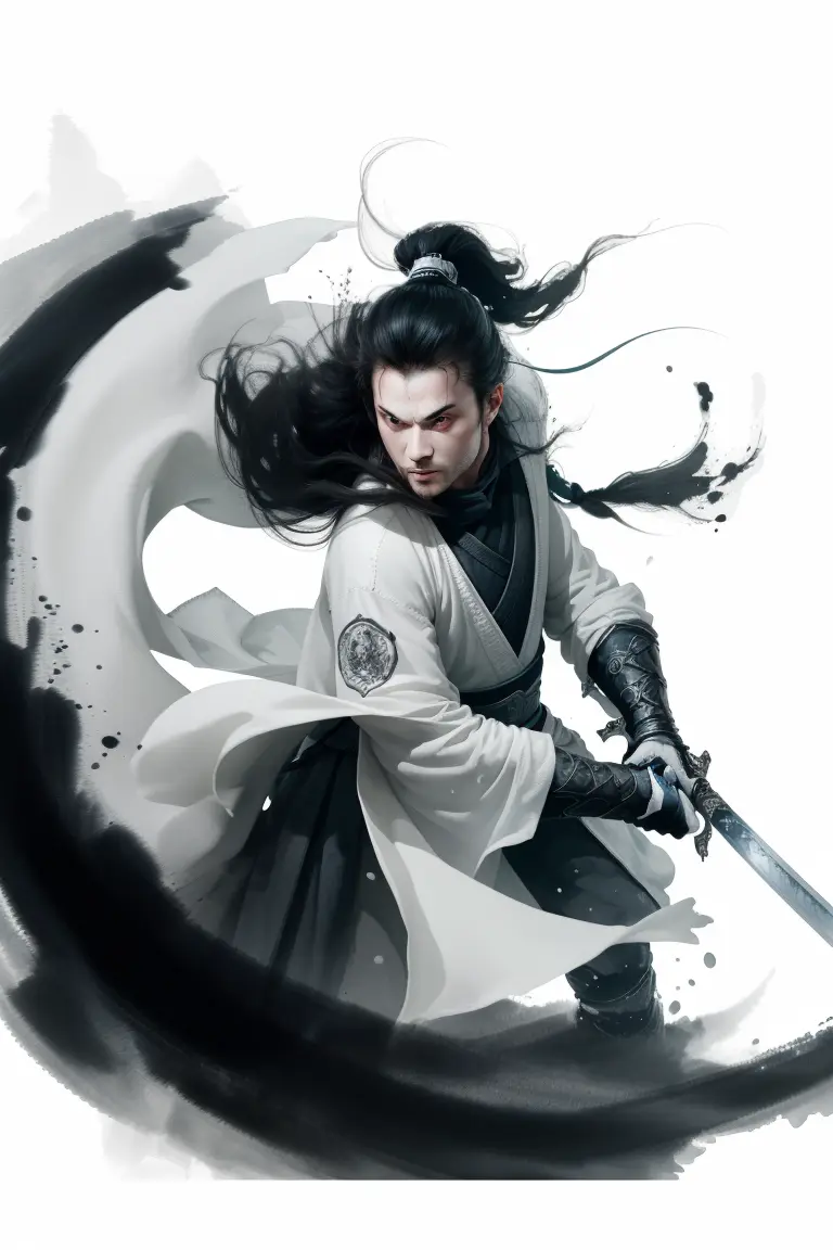 1girl, upper body, (inkwash_style:1.4, wash painting:1.3, ink splashing), from above, fisheye, ninja, katana, monochrome, greyscale, watercolor paper,strong dynamic poses