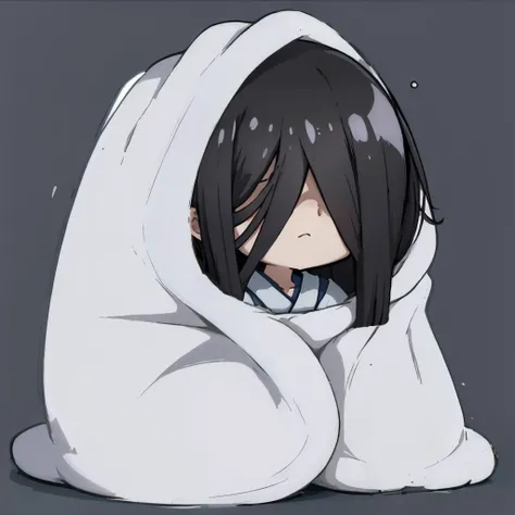 masterpiece, best quality,  <lora:thering_yamamura-10:1> yamamura sadako, pale skin, hair over eyes, white dress <lora:cozyblanket-nvwls-v1:0.8> cozyblanket, chibi, simple background