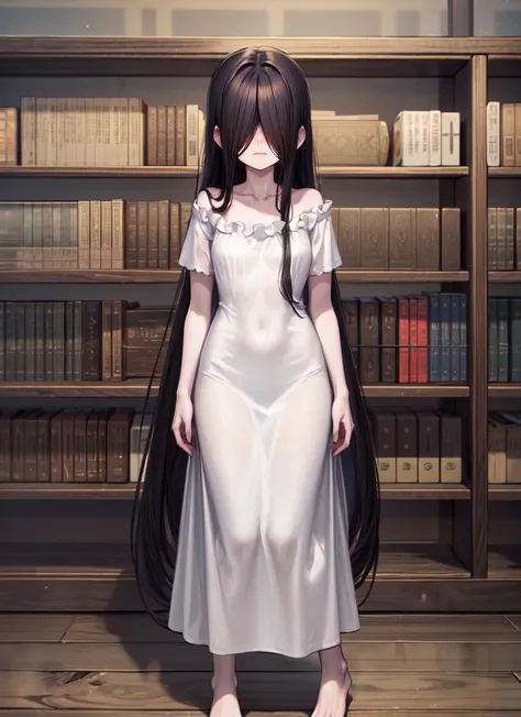 ((best quality)), ((highly detailed)), absurdres, (detailed eyes, deep eyes), (1girl), Perspective distortion, full body, ((very wide shot)), <lora:hairdetailer:.7>, <lora:thering_yamamura:1>, yamamura sadako, black hair, (very long hair), ((hair over eyes)), covered eyes, pale skin, small breasts, white dress, long dress, (maxidress), short sleeves, collarbone, barefoot, (inside, at a library, librarian, book shelves)