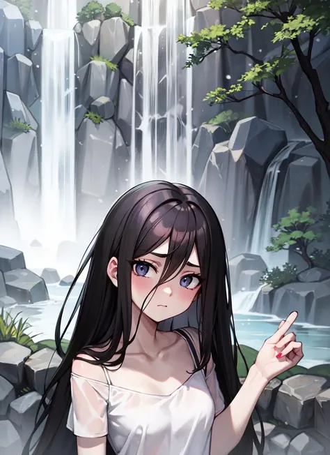 ((best quality)), ((highly detailed)), masterpiece, absurdres, extremely detailed face, beautiful face, (detailed eyes, deep eyes), (1girl), upper body, <lora:thering_yamamura:1>, yamamura sadako, black hair, (very long hair), black eyes, pale skin, small breasts, white dress, long dress, (maxidress), short sleeves, collarbone, barefoot, (outside, at a waterfall, dawn, snowing)