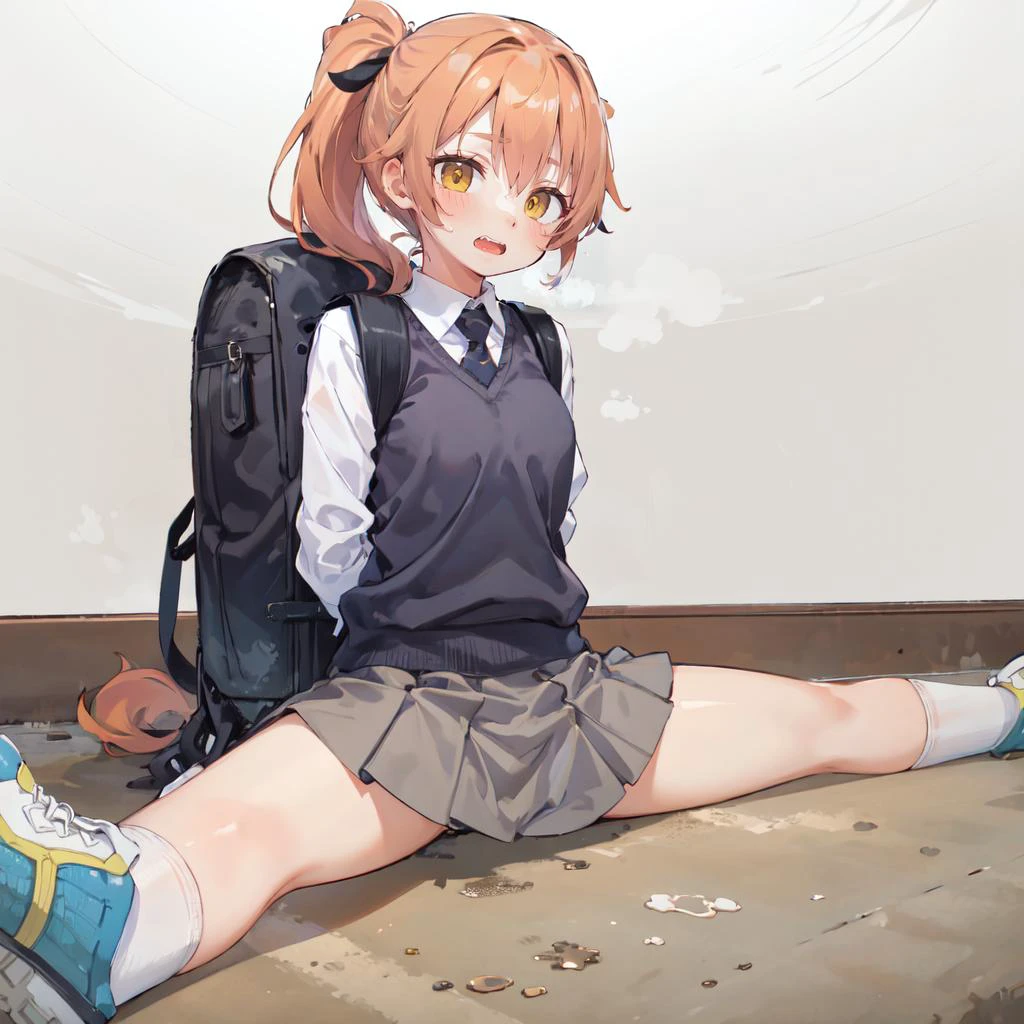masterpiece, high ponytail, orange hair, yellow eyes, medium breasts, scared, shaded face, open mouth, upper teeth, <lora:KSchoolB:0.8> korean school uniform, skirt, sneakers, socks, backpack, <lora:splitSitting:1> split, spread legs, sitting,