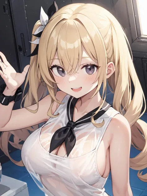 (masterpiece, best quality, highres:1.2), 1girl, solo, large breasts, uncle and niece, winter, running track, painting, twin drills, blonde hair, blunt bangs, wavy hair, black eyes, hair between eyes, Posing as if singing into a microphone, (see-through white onepiece:1.3), high-waist sideboob, cleavage, sleeveless, white bra, white panty, neckerchief, teeth, smile, from above, upper body, looking to the side
