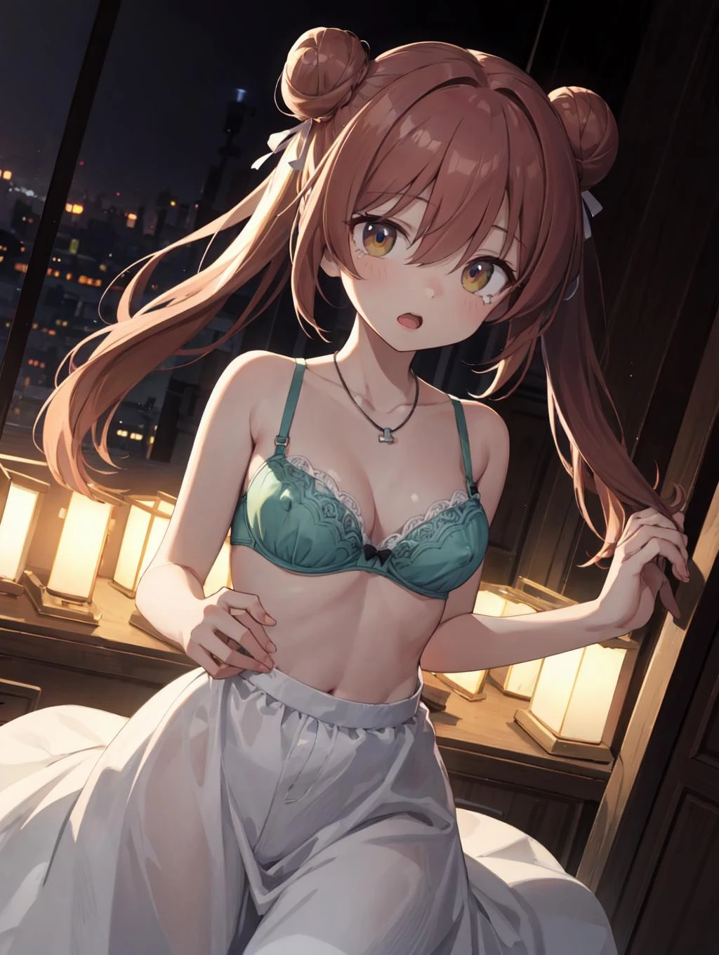 (masterpiece, best quality, highres:1.2), solo, medium breasts, slim, twins, night, (dark lighting:1.4), flower shop, (dark lighting:1.4), long hair double bun, auburn hair, hair between eyes, hair over eyes, peach eyes, eye light, striding, light green bra, bra lift, breasts out, nipples, necklace, open skirt, teardrop, open mouth, dutch angle, head out of frame, looking front