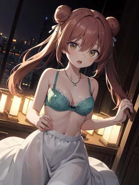 (masterpiece, best quality, highres:1.2), solo, medium breasts, slim, twins, night, (dark lighting:1.4), flower shop, (dark lighting:1.4), long hair double bun, auburn hair, hair between eyes, hair over eyes, peach eyes, eye light, striding, light green bra, bra lift, breasts out, nipples, necklace, open skirt, teardrop, open mouth, dutch angle, head out of frame, looking front