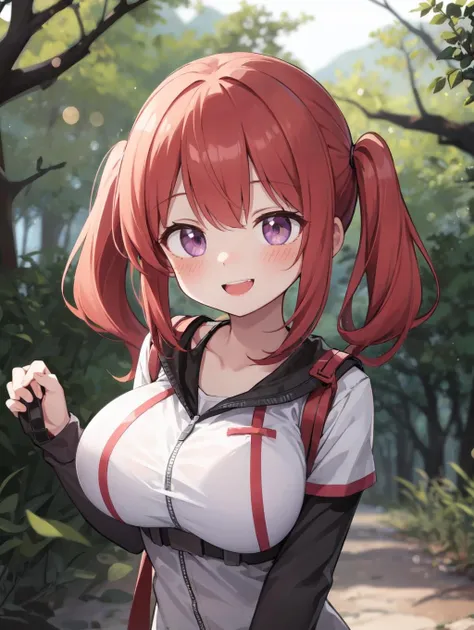 (masterpiece, best quality, highres:1.2), large breasts, slim, low twintails, red hair, side-swept fringe, amethyst eyes, teeth, smile, multiple gilrs, hiking, hiking clothes, forest, outdoors, blush, blush, cool face, blurry background, (bokeh, depth of field, from outside, wide shot:1.1)