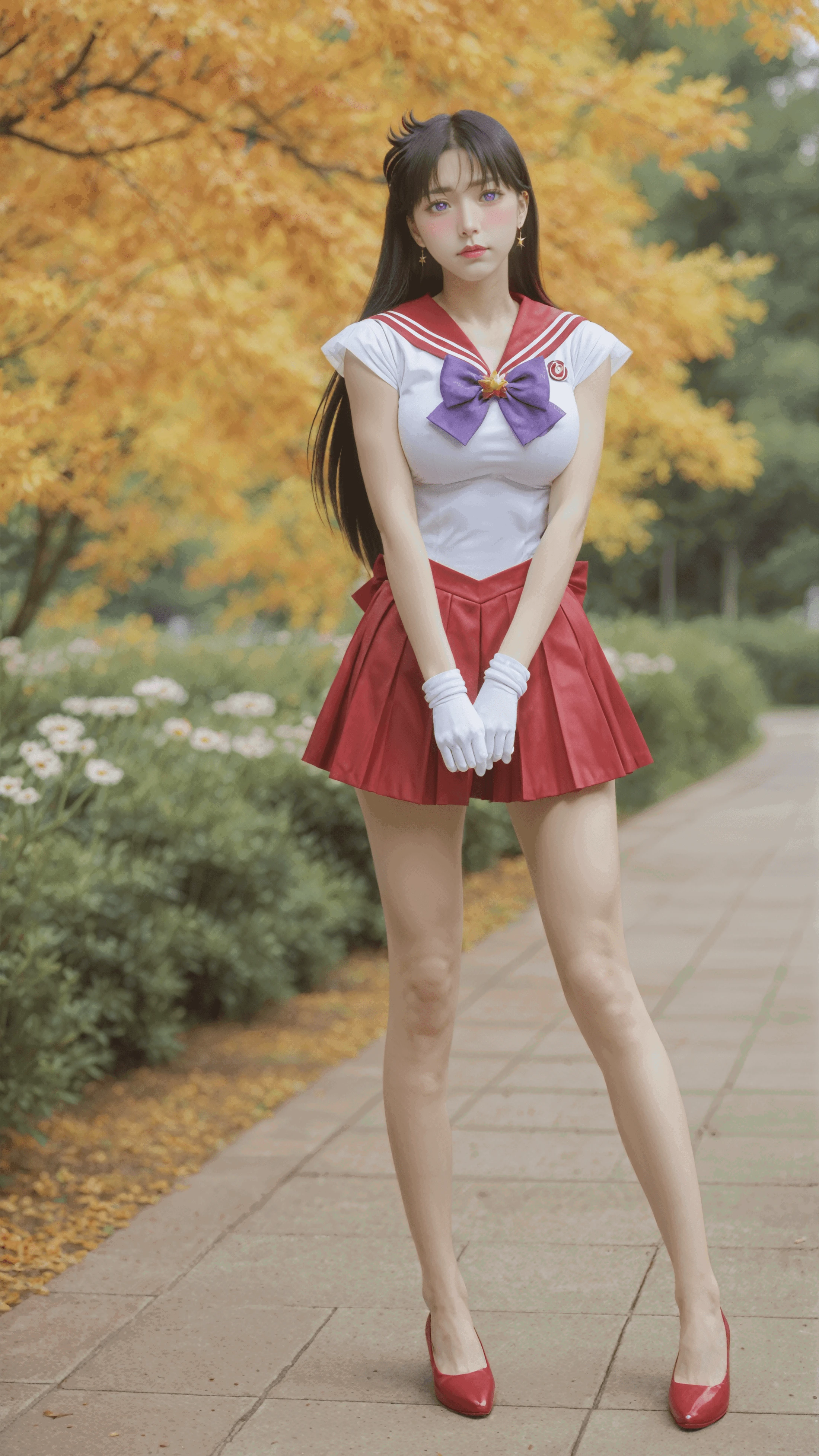 zPDXL2,zPDXLrl,zPDXLxxx,
1girl,solo,huge breasts,narrow_waist,slender,
<lora:ç¾å°å¥³æå£«-ç«é丽:1>,rei hino,purple eyes,black hair,diadem,long hair,parted bangs,gloves,magical girl,microskirt,pleated skirt,red skirt,sailor senshi uniform,skirt,white gloves,bow,purple bow,sailor collar,red sailor collar,
(cheek poking:1.4),
(flower ocean:1.4),(autumn:1.2),(dusk:1.2),(sunny:1.2),
(full_shot:1.4),(full_body:1.4),front view,