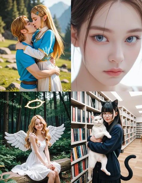 https://civitai.com/articles/5300 ___ All images: score_9, score_8_up, score_7_up ___ 1st image: 1girl, 1boy, Princess_Zelda, \(The_Legend_of_Zelda:_Breath_of_the_Wild\), standing, kiss, hug, closed_eyes ___ 2nd image: 1girl, lovely face, portrait, close-up, looking_at_viewer, closed_mouth ___ 3rd image: 1girl, solo, blonde_hair, wavy_hair, angel, angel_wings, halo, smile, sitting, forest, white_dress ___ 4th Image: 1girl, solo, long_hair, black_hair, blunt_bangs, straight_hair, round_eyewear, cat_girl, cat_ears, cat_tail, standing, hug cat, looking_at_viewer, library
