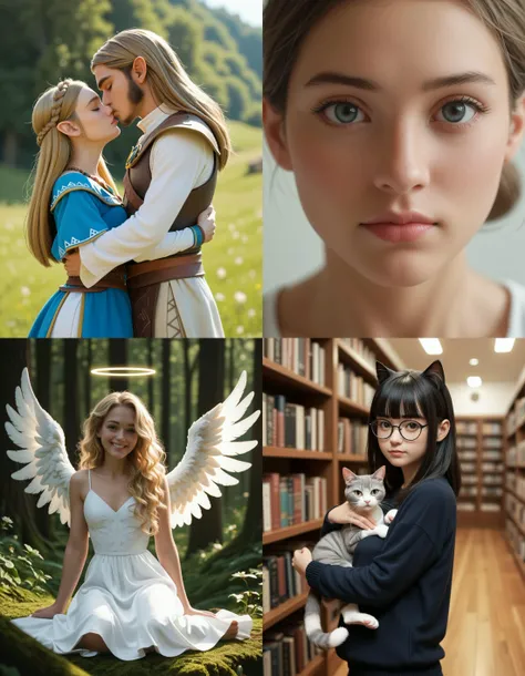 https://civitai.com/articles/5300 ___ All images: score_9, score_8_up, score_7_up ___ 1st image: 1girl, 1boy, Princess_Zelda, \(The_Legend_of_Zelda:_Breath_of_the_Wild\), standing, kiss, hug, closed_eyes ___ 2nd image: 1girl, lovely face, portrait, close-up, looking_at_viewer, closed_mouth ___ 3rd image: 1girl, solo, blonde_hair, wavy_hair, angel, angel_wings, halo, smile, sitting, forest, white_dress ___ 4th Image: 1girl, solo, long_hair, black_hair, blunt_bangs, straight_hair, round_eyewear, cat_girl, cat_ears, cat_tail, standing, hug cat, looking_at_viewer, library