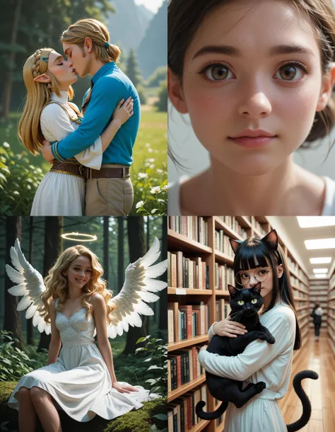 https://civitai.com/articles/5300 ___ All images: score_9, score_8_up, score_7_up ___ 1st image: 1girl, 1boy, Princess_Zelda, \(The_Legend_of_Zelda:_Breath_of_the_Wild\), standing, kiss, hug, closed_eyes ___ 2nd image: 1girl, zoom on face, cute, lovely, close-up ___ 3rd image: 1girl, solo, blonde_hair, wavy_hair, angel, angel_wings, halo, smile, sitting, forest, white_dress ___ 4th Image: 1girl, solo, long_hair, black_hair, blunt_bangs, straight_hair, round_eyewear, cat_girl, cat_ears, cat_tail, standing, hug cat, looking_at_viewer, library