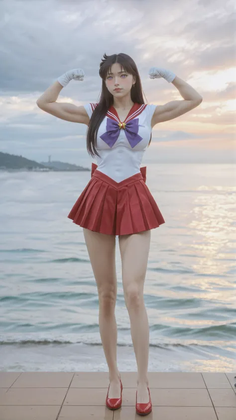 zPDXL2,zPDXLrl,zPDXLxxx,
1girl,solo,huge breasts,narrow_waist,slender,
<lora:ç¾å°å¥³æå£«-ç«é丽:1>,rei hino,purple eyes,black hair,diadem,long hair,parted bangs,gloves,magical girl,microskirt,pleated skirt,red skirt,sailor senshi uniform,skirt,white gloves,bow,purple bow,sailor collar,red sailor collar,
(flexing:1.4),
(ocean:1.4),(autumn:1.2),(day:1.2),(cloudy:1.2),
(full_shot:1.4),(full_body:1.4),front view,