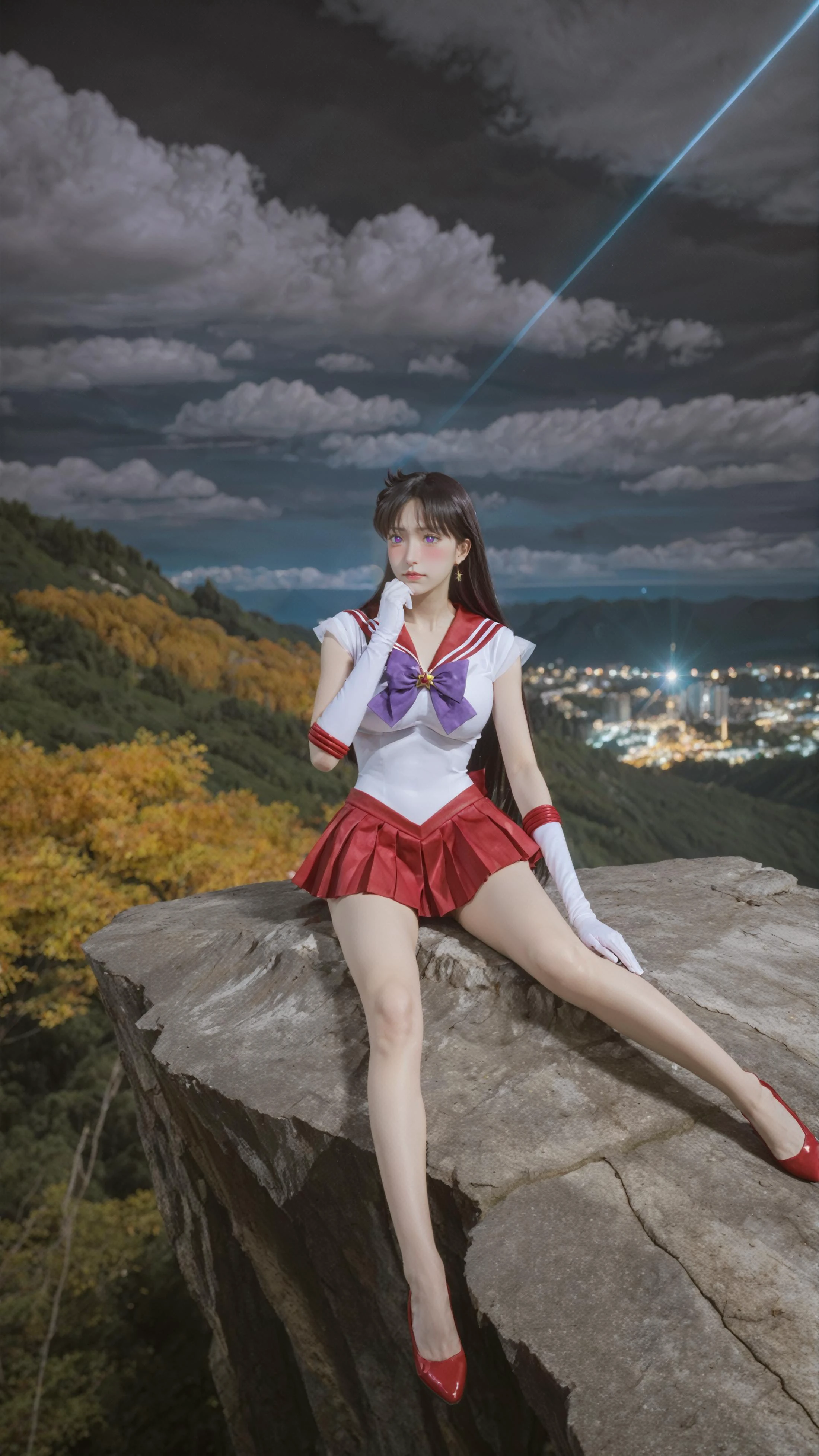 zPDXL2,zPDXLrl,zPDXLxxx,
1girl,solo,huge breasts,narrow_waist,slender,
<lora:ç¾å°å¥³æå£«-ç«é丽:1>,rei hino,purple eyes,black hair,diadem,long hair,parted bangs,gloves,magical girl,microskirt,pleated skirt,red skirt,sailor senshi uniform,skirt,white gloves,bow,purple bow,sailor collar,red sailor collar,
(on stomach:1.4),
(cliff:1.4),(autumn:1.2),(night:1.2),(cloudy:1.2),
(full_shot:1.4),(full_body:1.4),front view,