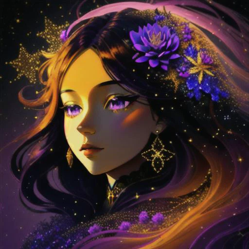 an abstract painting of a Flower with gold stars, in the style of color gradients, dark violet and light orange, dreamy portraits, colorful curves, ethereal creatures