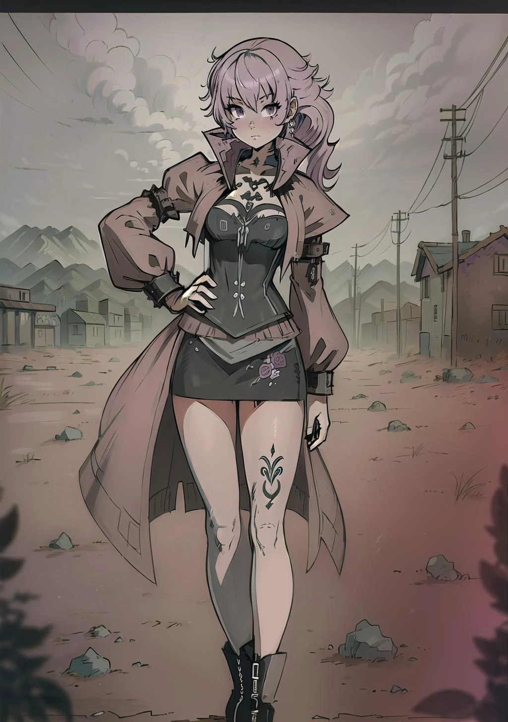 (masterpiece, best_quality, ultra-detailed, immaculate:1.3), epic, illustration, desert ,spy , lace , short skirt, leg tattoos, tattoos,pastel violet hair, curly hair, long hair, , full body, daggers, zombie pose, rainy night, in a African, empty village, winter coat, standing<lyco:EnvyBeautyMix10:1.6>