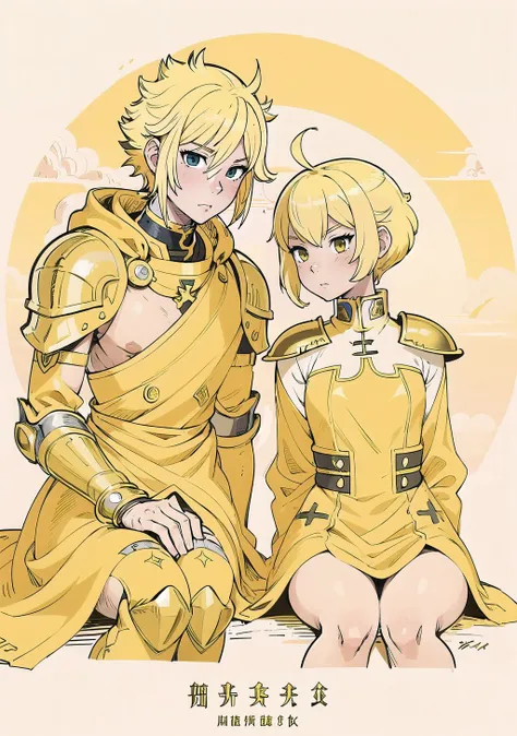 (masterpiece, best_quality, ultra-detailed, immaculate:1.3), epic, illustration, desert warrior lord , pauldrons, light yellow hair, ahoge,Cropped Cut, heads together, abstract background, raincoat, sitting on shoulder<lyco:EnvyBeautyMix10:1>