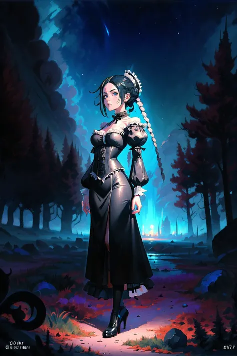 (masterpiece, best_quality, ultra-detailed, immaculate:1.3), epic, illustration, 1girl, (deteriorating Victorian Goth:1.3) cute catgirl, full body, [:creative, casual costume design,:0.2], official art, light caucasian skin, creepy slate blue lighting , in the autumn woods, bombshell hair, deep black hair, braid, piggyback<lora:EnvyFantasyMix05:1>