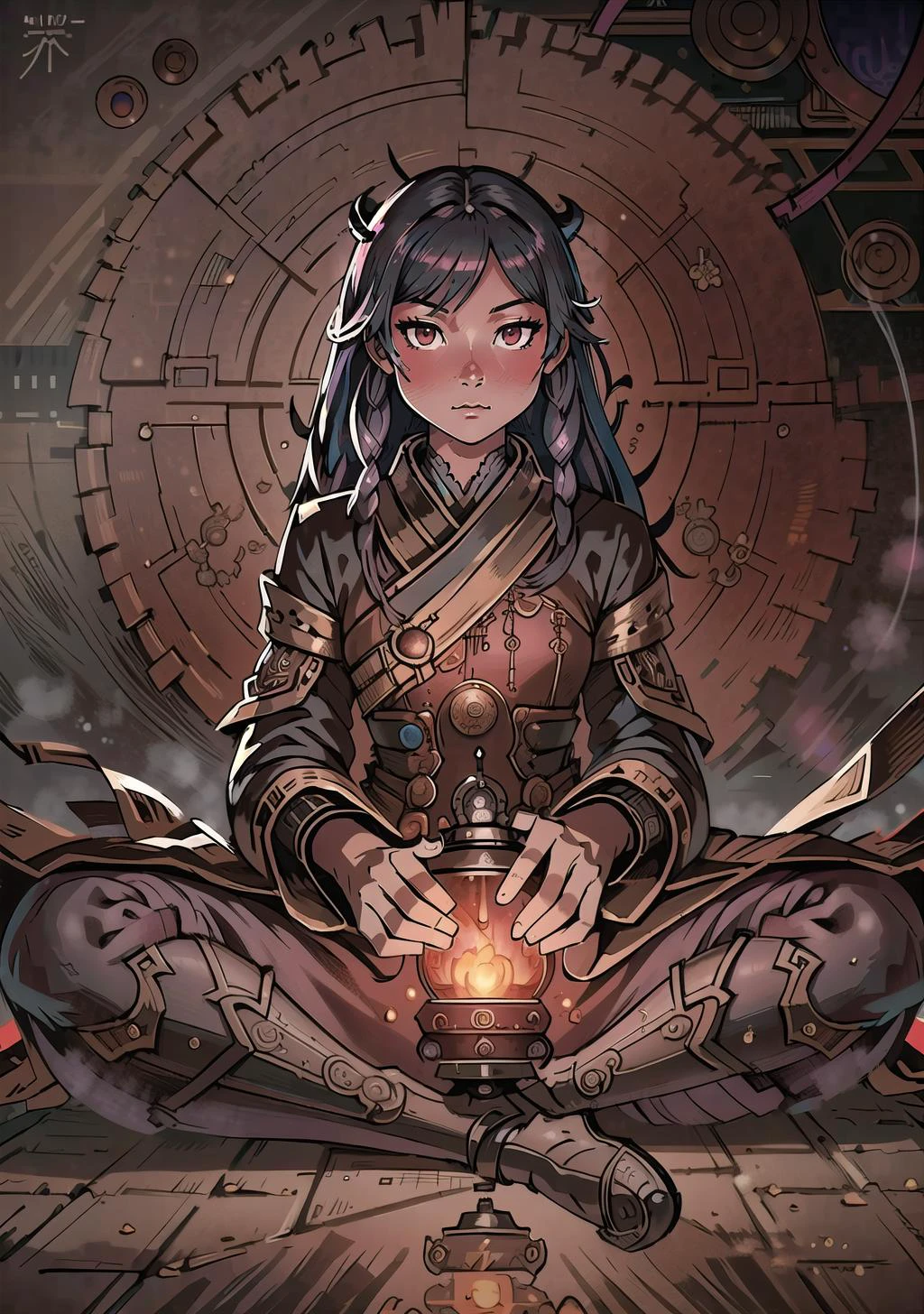 mongelpunkai, steampunkai, (masterpiece, best_quality, ultra-detailed, immaculate:1.3), epic, illustration, 1girl, (conscious Weathercore:1.3) catgirl, full body, [:casual costume design,:0.2], official art, (african, dark skin:0.6),  crimson lighting from below, silk pajamas, on one knee<lyco:EnvyBeautyMix10:1><lora:MongolPunkAI:1><lyco:Steampunkai:1>