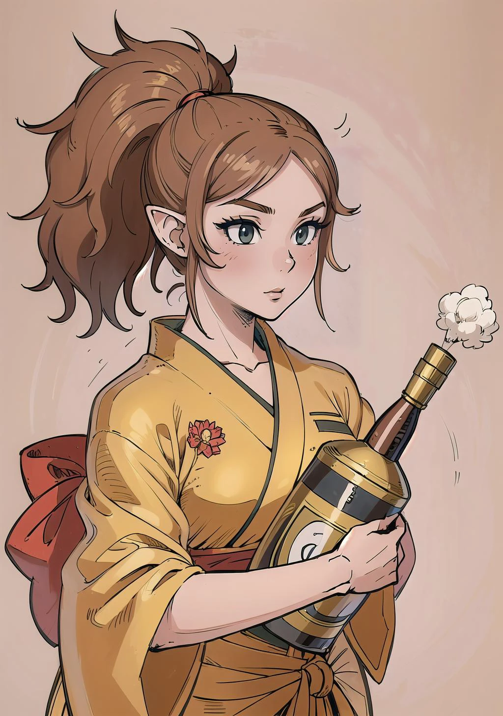 (masterpiece, best_quality, ultra-detailed, immaculate:1.3), epic, illustration, elf kunoichi , ,vivid brown hair, Teased Hair, japanese, war fan, midnight, abstract background, bellbottoms, carrying<lyco:EnvyBeautyMix10:1>