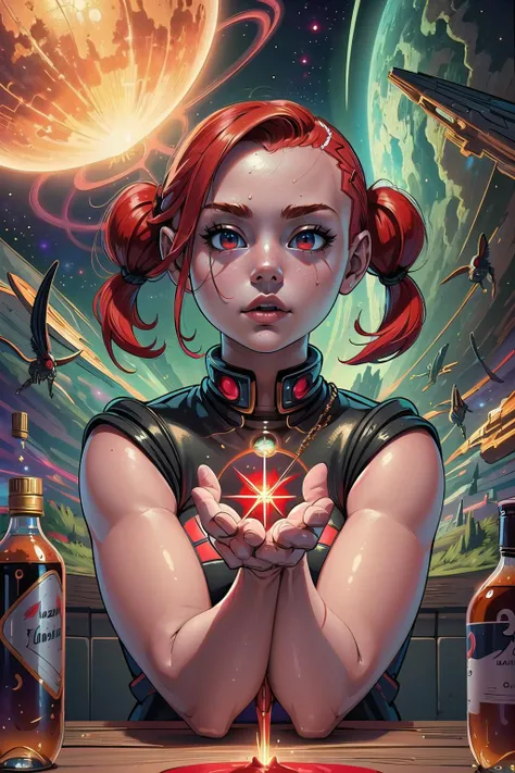 (masterpiece, best_quality, ultra-detailed, immaculate:1.3), epic, illustration, welcoming, 1girl, witch, deep red hair, twintails,Buzz Cut, casting spell, in an alien space ship,, v arms<lyco:EnvyBeautyMix07:1>