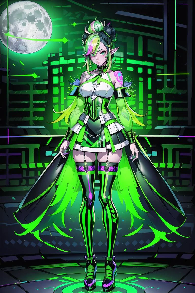 (masterpiece, best_quality, ultra-detailed, immaculate:1.3), epic, illustration, elf cyberpunk ronin villainess, latex , thighhighs, leg tattoos, tattoos,black hair, hair ribbon,Braided Bun, albino, full body, war fan, , on the harrowing, flowery moon, in a deciduous, British dining room, striped skirt, neon green color scheme, multicolored hair, bombshell hair, iridescent rainbow hair, Flipped Out Hair,hair rings, symmetrical hand pose<lyco:EnvyRadioactive01-sd15-d:1><lyco:EnvyElegance:0.3>