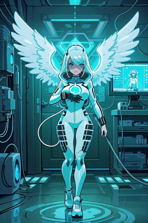 (masterpiece, best_quality, ultra-detailed, immaculate:1.3), epic, illustration, 1girl, (symbolic Hackercore:1.3) cute angel, full body, [:casual costume design,:0.2], official art, korean, creepy bright white lighting , plugsuit, piggyback <lyco:EnvyBeautyMix12:1>