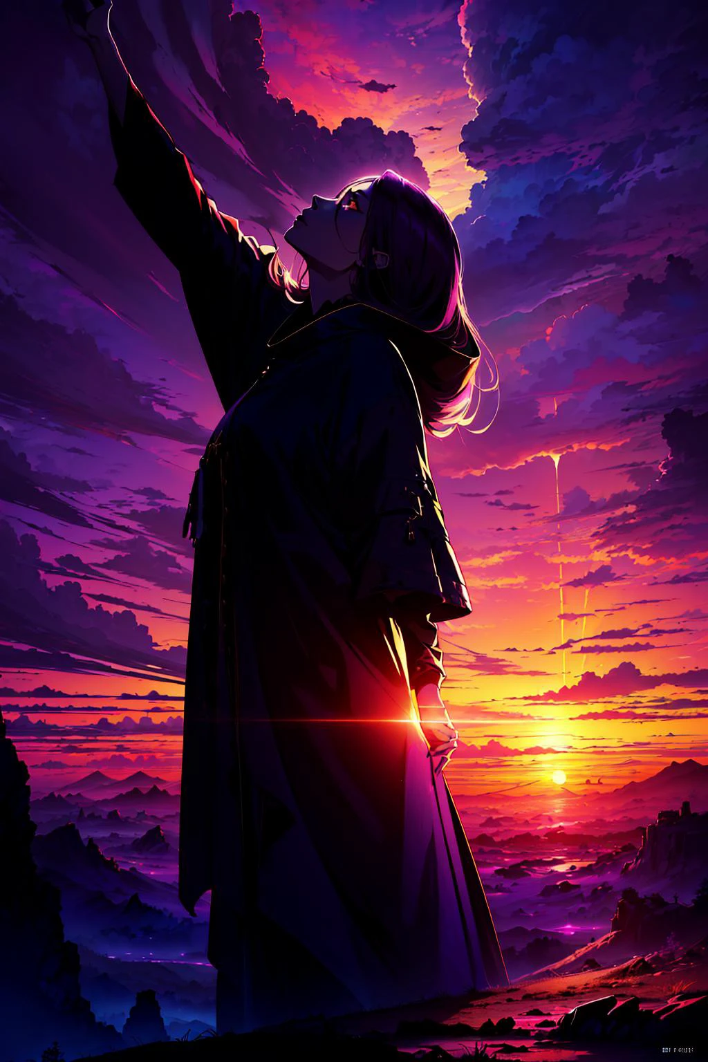 (scenery, official art, sunset, beautiful sky and landscape:1.4), (1girl, looking up, praying:1.3), atmospheric, dark, dim, giant goddess in the clouds, divine being, celestial spirit, outstretched arms, purple color, 8k, masterpiece, best quality, absurdres, ultra-detailed, immaculate