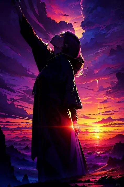 (scenery, official art, sunset, beautiful sky and landscape:1.4), (1girl, looking up, praying:1.3), atmospheric, dark, dim, giant goddess in the clouds, divine being, celestial spirit, outstretched arms, purple color, 8k, masterpiece, best quality, absurdres, ultra-detailed, immaculate