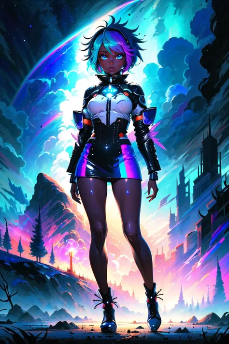 (masterpiece, best_quality, ultra-detailed, immaculate:1.3), epic, illustration, 1girl, (intuitive Scoutcore:1.3) cute angel, full body, [:skimpy costume design,:0.2], official art, (african, dark skin:0.6), dramatic pastel multicolor lighting , in a frostpunk, scary hurricane, bombshell hair, bright rainbow hair with ultraviolet highlights, short hair, faceplant<lora:EnvyFantasyMix05:1>