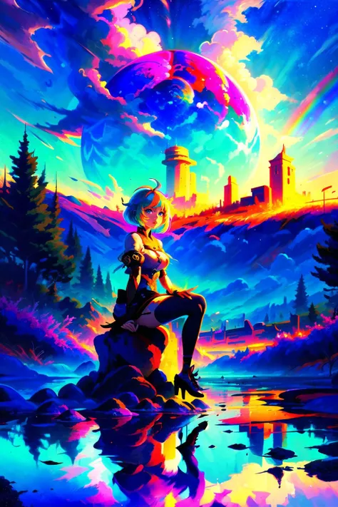 (masterpiece, best_quality, ultra-detailed, immaculate:1.3), epic, illustration, welcoming, 1girl, priestess, deep multicolor hair, Blunt Cut, casting spell, in a overgrown town, on a simple background, bombshell hair, deep sunset hair with rainbow highlights, Root Melt,short bombshell hair, sitting<lora:EnvyFantasyMix05:1>
