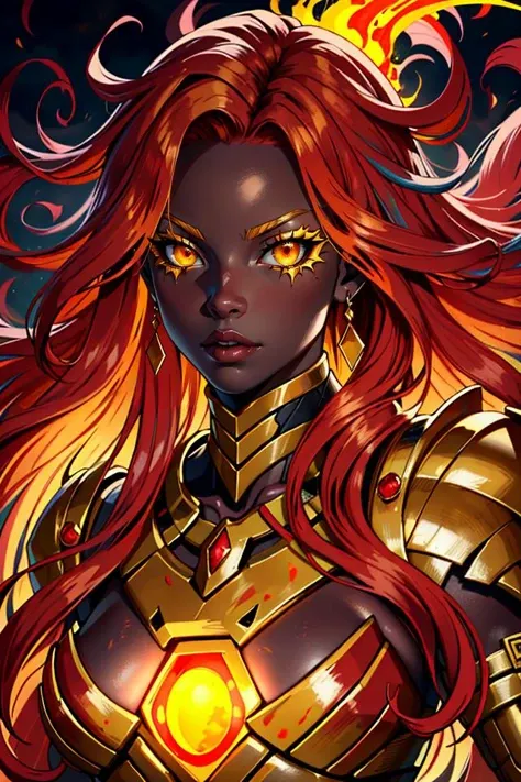 ((best quality)), ((masterpiece)), (detailed), absurdres, portrait, female, goddess, (colored skin), (glowing skin), (deep crimson color:1.2), toned, flowing hair, wavy hair, long hair, orange hair, (colored sclera:1.2), (yellow sclera), (glowing eyes), red eyes, (abs armor), (stone armor), metallic details, molten gold color, powerful look, solo, solo focus, lava pit, eruption, steam, fantasy,