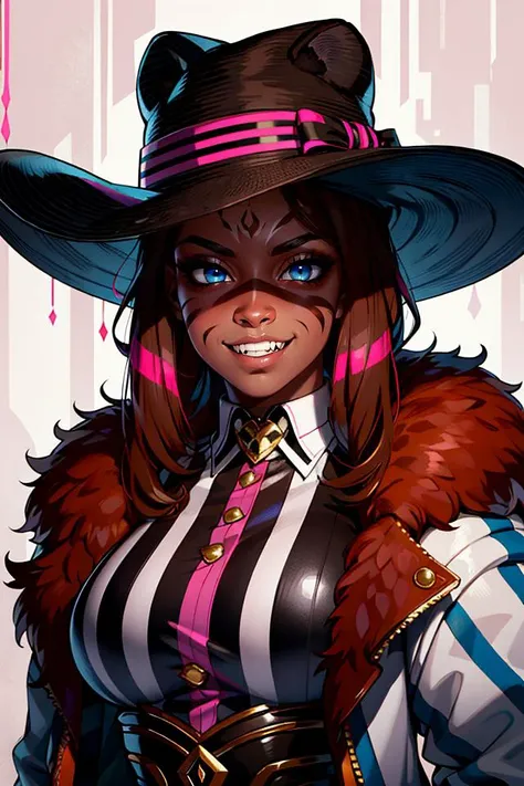 ((best quality)), ((masterpiece)), (detailed), absurdres, portrait, (female gorilla), anthro, furry, (colored skin), (brown skin:1.2), muscular, blue eyes, makeup, luxury hat, collar, [pink pearls], (vertical stripes), (black stripes:1.2), (white suit), black gloves, white pants, luxurious, (face down), (shaded face), smirk, fangs, solo, solo focus, <lyco:GoodHands-beta2:1>,