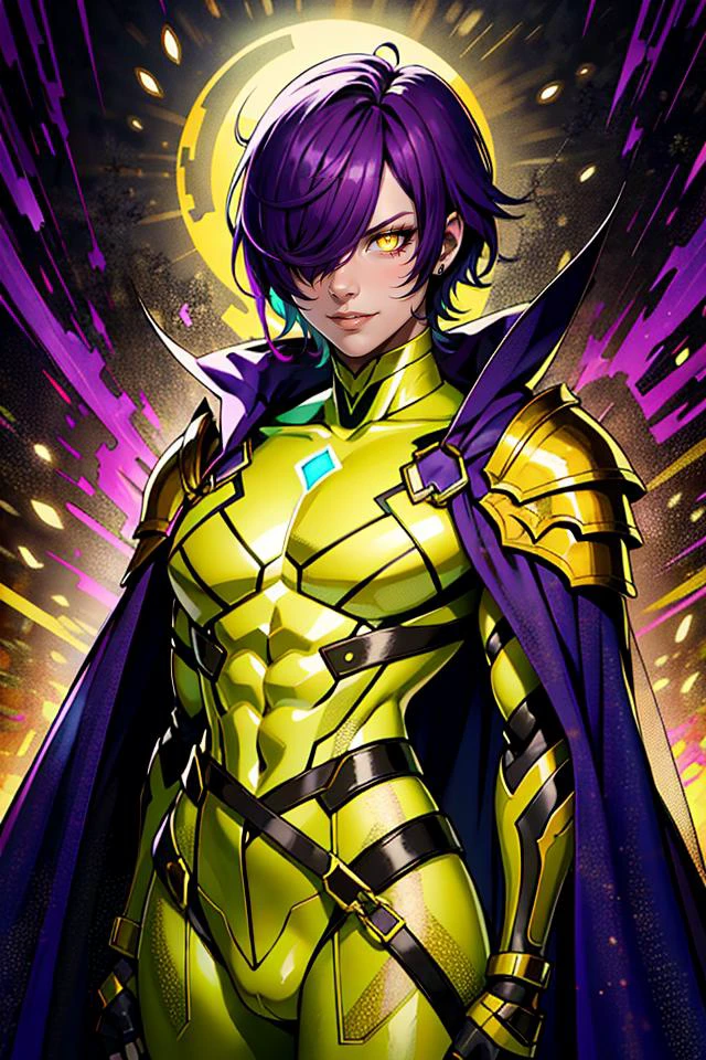 ((best quality)), ((masterpiece)), (detailed), absurdres, portrait, (1boy), abs, v-shaped, short hair, fringe, (hair over one eyes) purple hair, (glowing eyes), yellow eyes, armored, long cloak, pauldrons, top bodystocking, yellow bodystocking, belt, straps, armored bottom, bulge, looking at viewer, shaded face, evil look, smile, solo, solo focus <lyco:GoodHands-beta2:1>,