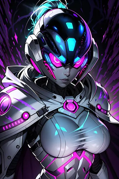 ((best quality)), ((masterpiece)), (detailed), absurdres, portrait, (alien:1.4), pale skin, large breasts, abs, long ponytail, hair up, black hair, eyes visible through helmet, glowing eyes, purple eyes, long cape, white cape, armored suit, white suit, underboob, pauldrons, (glowing parts:1.2), (glowing energy:1.2), solo, solo focus,