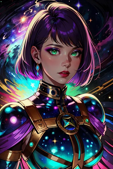 ((best quality)), ((masterpiece)), (detailed), absurdres, portrait, mature female, large breasts, wide hips, medium hair, side fringe, purple hair, green eyes, makeup, (galactic armor), (cosmic dress:1.2), (vintage dress:1.2), (high collar), glowing, harness, thong, solo, solo focus, cosmos,