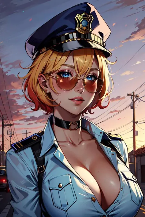 ((best quality)), ((masterpiece)), (detailed), absurdres, portrait, mature female, very short hair, messy hair, blonde hair, collarbone, large breasts, sagging breasts, blue eyes, luscious lips, makeup, policewoman, choker, police hat, (oval sunglass), (red-tinted sunglass:1.2), open shirt, white shirt, cleavage, buttons, protective vest, looking at viewer, half-closed eyes, smile, cute, light blush, solo, solo focus,