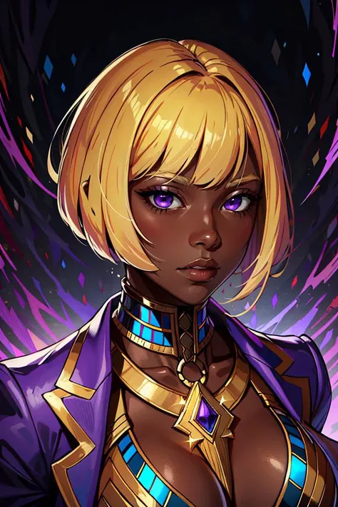 ((best quality)), ((masterpiece)), (detailed), absurdres, portrait, female, dark skin, very short hair, bob cut, blonde hair, (void queen:1.2), psychic, neck collar, purple suit, queen suit, egyptian, solo, solo focus,