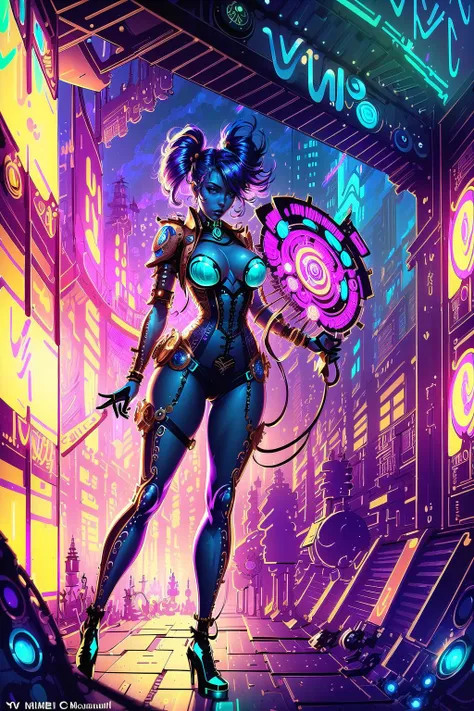 (masterpiece, best_quality, ultra-detailed, immaculate:1.3), epic, illustration, 1girl, (steampunk MTV Green Sky:1.3) catgirl, full body, [:seductive, sexy costume design,:0.2], official art, light caucasian skin,  neon purple lighting from below, in classical Jupiter's atmosphere, bombshell hair, bright platinum hair, twintails, arm support<lora:EnvyFantasyMix03:1.5>
