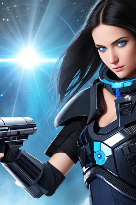 a beautiful young woman with blue eyes, black straight hair, with drousy expression, detailed face, wearing scifi body armor and a blaster, spacestation, ultrarealistic