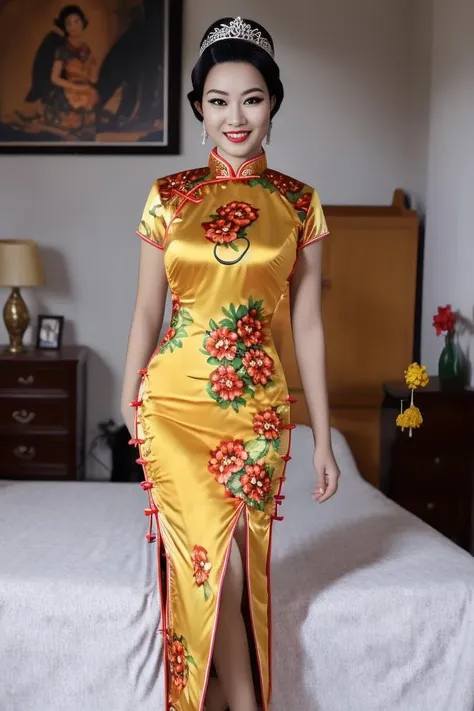 Qipao, <lora:Cheongsam-QiPao:1.00>, mature female, light skin African, large breasts, smile, bedroom, tiara, highres, masterpiece, looking at viewer