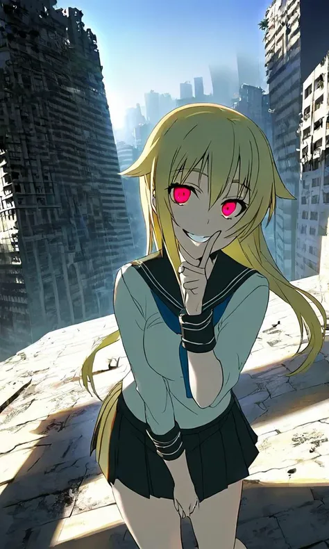 <lora:SDXL_AWD_character_ashikaga_chachamaru-000015:1>,ashikaga_chachamaru,blonde hair,1girl,solo,sailor,skirt,looking_at_viewer,ruins,crazy smile,shushing,, perspective,lighting and shadow,beautiful color,detailed,amazing quality,cityscape