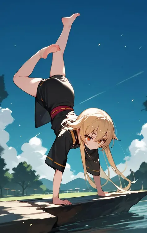 balancing, score_9, score_8_up, score_7_up, score_6_up, <lora:PONY_character_ashikaga_chachamaru:1>,ashikaga_chachamaru,blonde hair